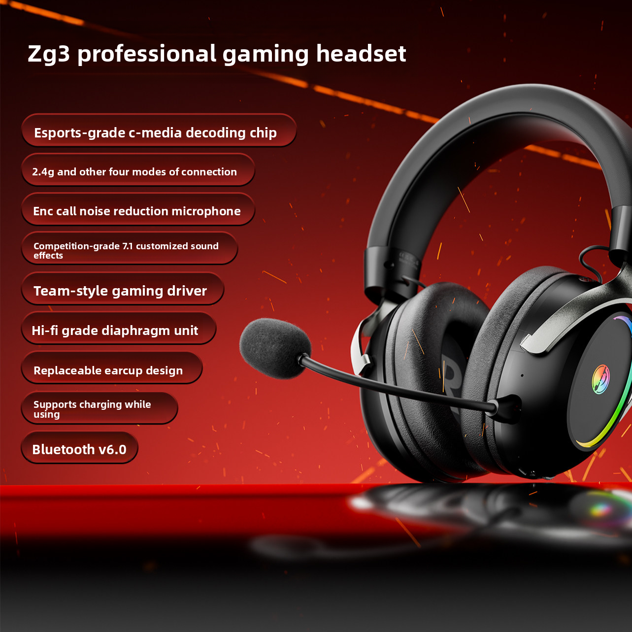 Zg3 E-Sports Gaming Headset Microphone Wireless Wired leather ear cushions - ZeeTec Store