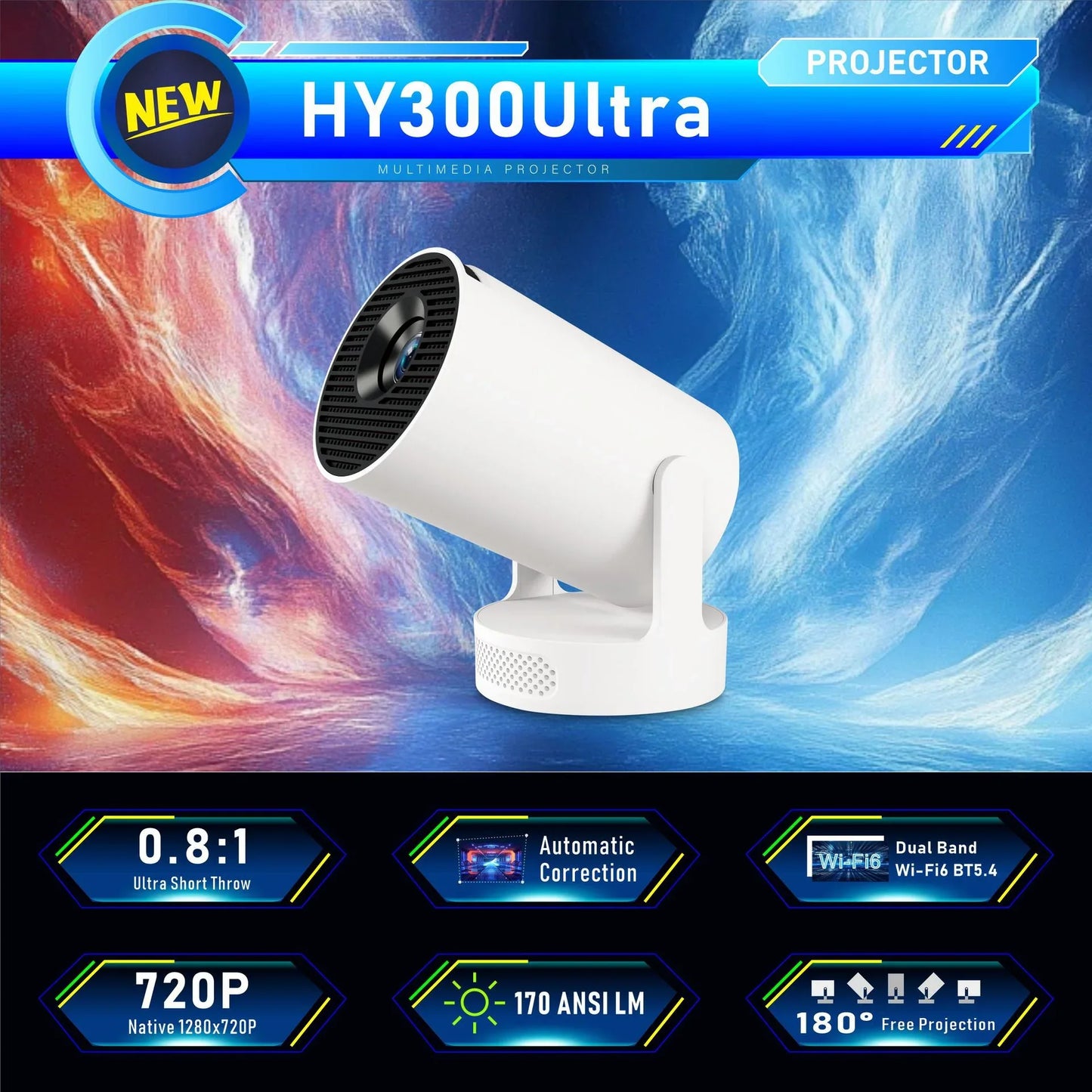 HY Portable Projector High Brightness 210 Ansi LM, 35-130 Inch Projection Size, HiFi Sound Enhanced Audio Quality - ZeeTec Store