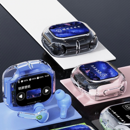 Transparent LCD Bluetooth Headset with Noise Cancellation, Voice Control, Bilateral Stereo Sound, Color Screen, Long Battery Life