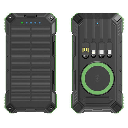 PowerBank with built-in cables and Fast Wireless charging. Equipped with a solar panel to provide emergency power in outdoor environments without access to electricity