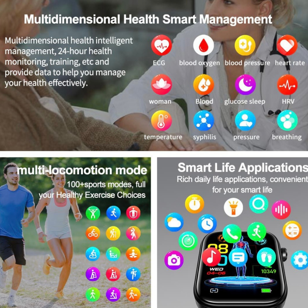 Advanced Smart Watch,1.96" IPS HD touch,Bluetooth call|Smart apps,Advanced Health monitor: ECG|Blood lipids|Uric acid|Body fat|Micro physical examination|Emotional stress detection|Non invasive blood glucose measure|Battery up to 7 days