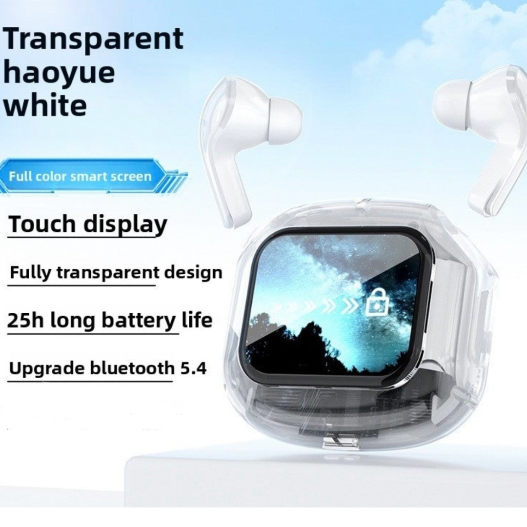 Transparent LCD Bluetooth Headset with Noise Cancellation, Voice Control, Bilateral Stereo Sound, Color Screen, Long Battery Life