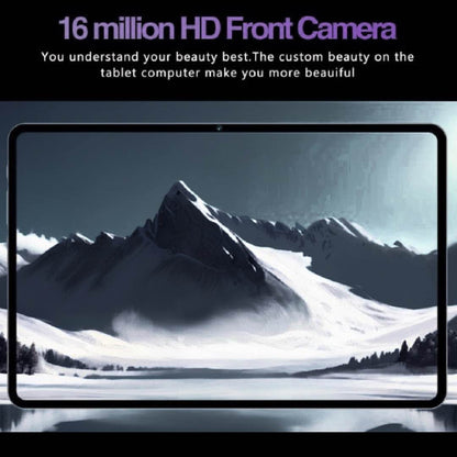 Tablet displaying a mountain landscape with promotional text about HD front camera quality.