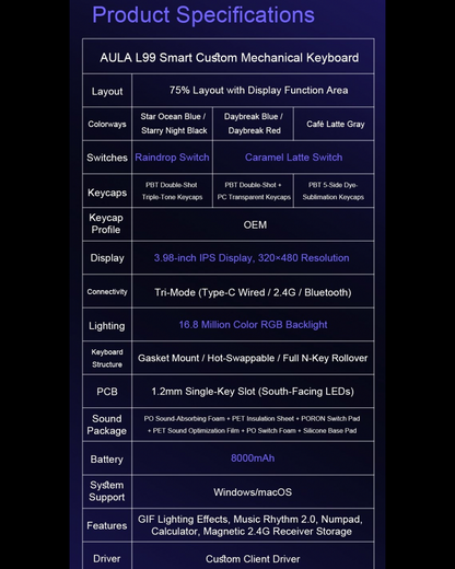 Aula L99 Custom Mechanical Keyboard, Smart Customizable 3.98-inch IPS Touch Screen,RGB LIGHTING: 16 million colour Backlight,Triple Mode Connectivity: Type-C wired/2.4G wireless/Bluetooth - 8000mAh Battery,Hot-Swappable Full 80 Keys