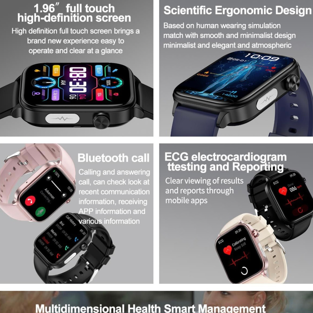 Advanced Smart Watch,1.96" IPS HD touch,Bluetooth call|Smart apps,Advanced Health monitor: ECG|Blood lipids|Uric acid|Body fat|Micro physical examination|Emotional stress detection|Non invasive blood glucose measure|Battery up to 7 days