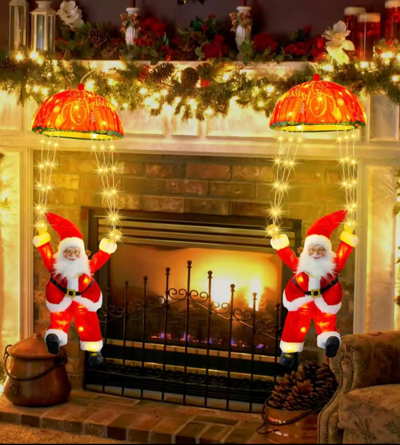 Santa Claus Parachute Christmas, Indoor christmas lights with 8 different light patterns, Memory and Timer Function