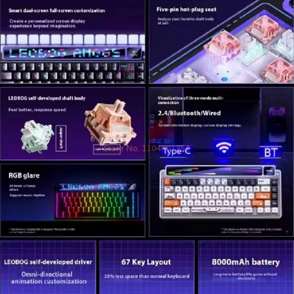AULA-LEOBOG AMG65 Gasket Mechanical Keyboard, Tri-Mode Connectivity, LED Smart Dual Screen, Gasket Mount Structure, Compact 67 keys, Fully Hot-Swappable Keys, Premium Build & Design