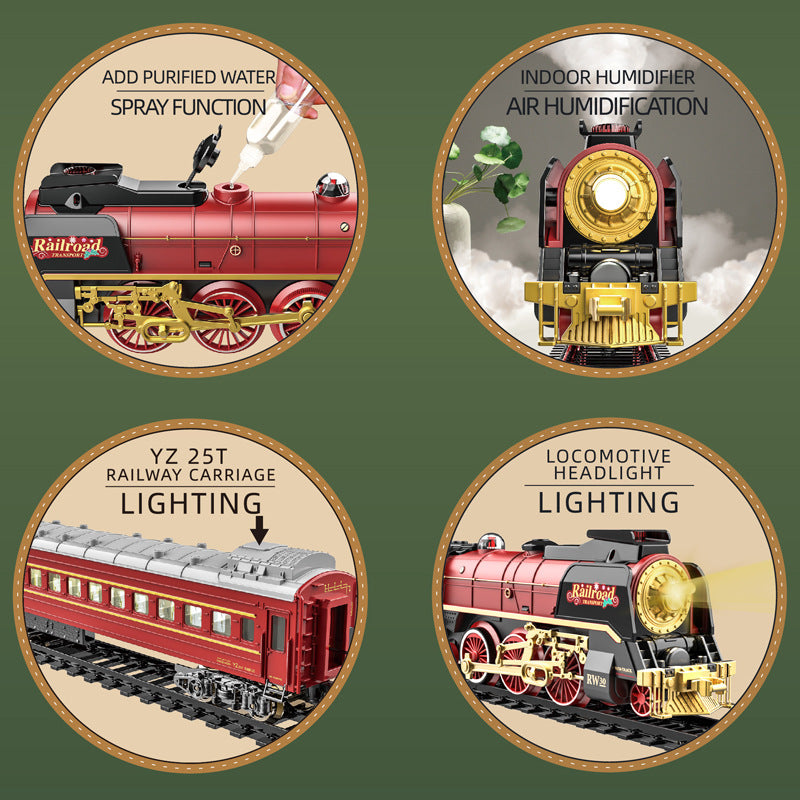 Retro Steam Train Electric Track Toy Features 3 steam spray outlets, Combines lights, forward/backward movement, and simulated steam whistle sounds.