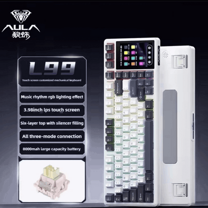 Aula L99 Mechanical Gaming Keyboard, 3.98-inch IPS Touch Screen, RGB LIGHTING: 16 million colour Backlight, SOUND OPTIMIZATION, 8000mAh Battery, Triple Connection Mode
