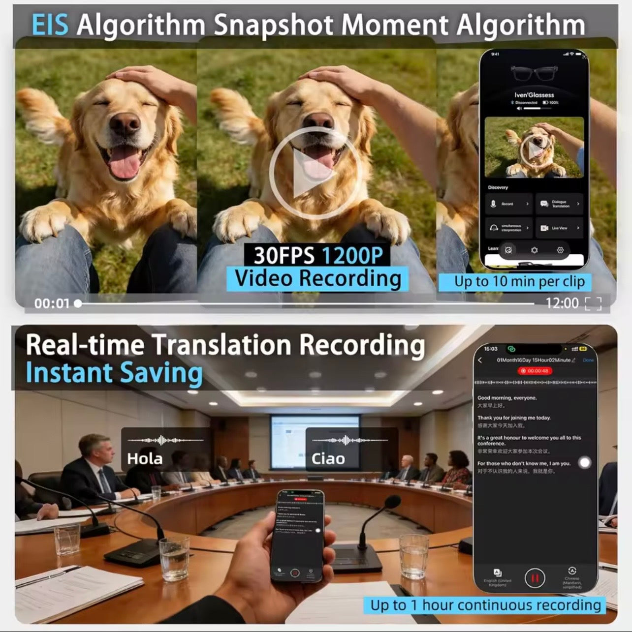 Smart Glasses Electrochromic Lenses 8MP Camera AI