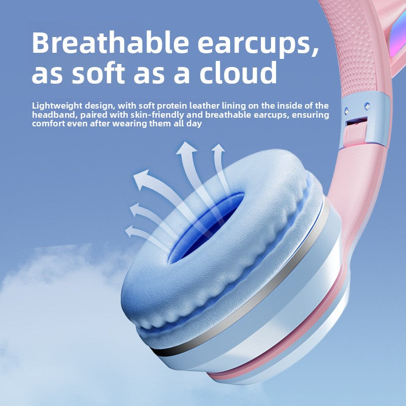Over-ear Bluetooth headset Features stylish cat ears with customizable breathing lights, offering a unique aesthetic for gaming and fashion.