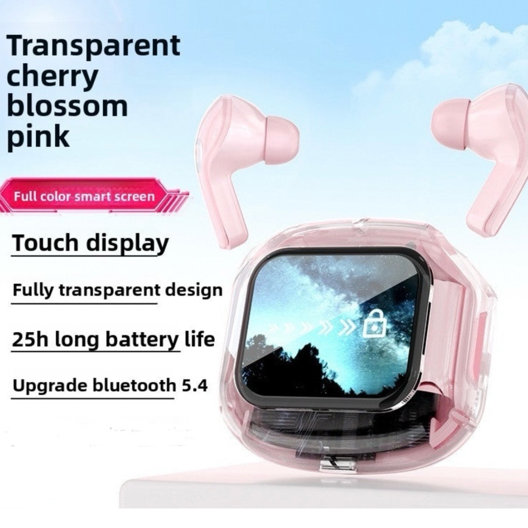 Transparent LCD Bluetooth Headset with Noise Cancellation, Voice Control, Bilateral Stereo Sound, Color Screen, Long Battery Life