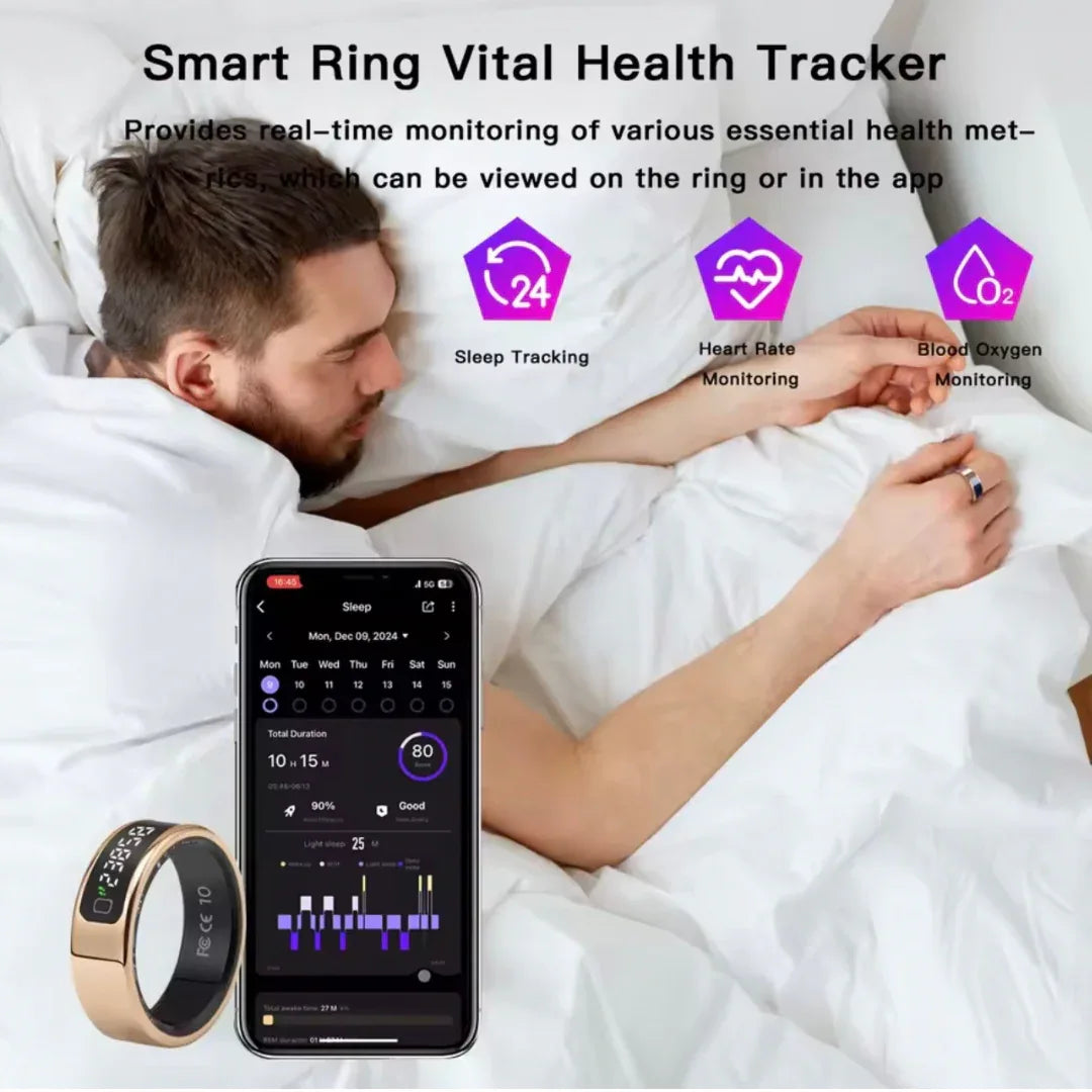Bluetooth Smart Ring Stainless Steel - Fashion Men & Women,Track Steps|Calories|Heart rate|Blood oxygen|Sleep|Stress Monitor|Multi Modes|LED display|Gesture control|remote camera control,Free app (No subscription),Waterproof Light 3.2g 15 days standby - ZeeTec Store