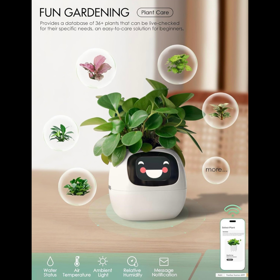 Ivy Smart plants pot, Equipped with 7 smart sensors and Ai chip for intelligent plant care, Interactive Design - Multiple expressions for engaging user interaction, Durable Material, Glow Effect, Home Gardening