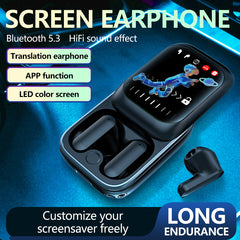 Smart screen headphones, Digital Display, Stereo Sound, Touch Control, Type-C Charging, Slide cover design for convenient operation, Long Battery Life: Offers 4-5 hours of playback time with a 30mAh earbud battery and 300mAh charging case