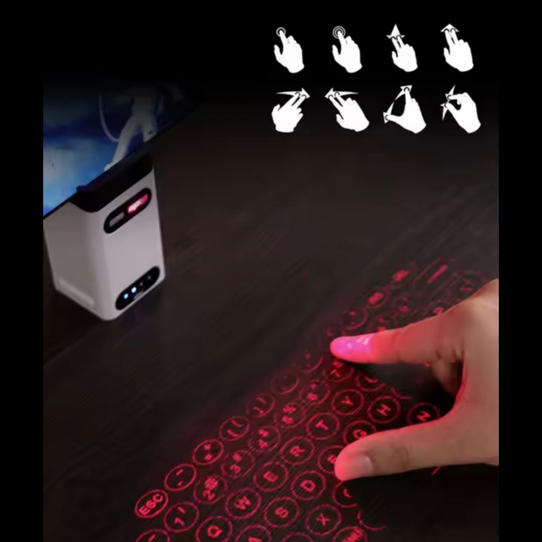 WIRELESS VIRTUAL LASER KEYBOARD,Universal compatible all OS Bluetooth,Two Models: White & Black,White: Phone bracket/power bank/usb/Keyboard/Mouse/6H use,Black: Keyboard/Mouse/2H use,Projection size:10cm*25cm