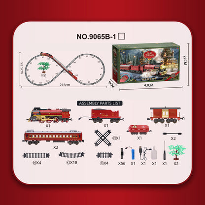 Retro Steam Train Electric Track Toy Features 3 steam spray outlets, Combines lights, forward/backward movement, and simulated steam whistle sounds.