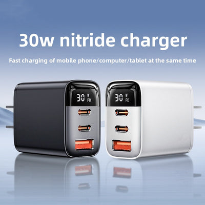 30W Triple Port Fast Charger with Digital Display, Universal Compatibility, PD Protocol: Supports Power Delivery for efficient fast charging