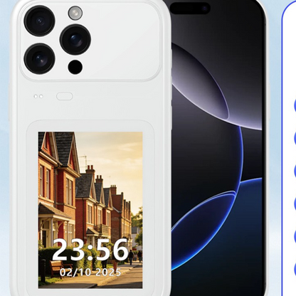 Smart Display Screen Phone Case, Features a 3.5-inch TFT screen for displaying dynamic wallpapers and information. Supports remote photo capture, screen-mirroring for selfies, and built-in games