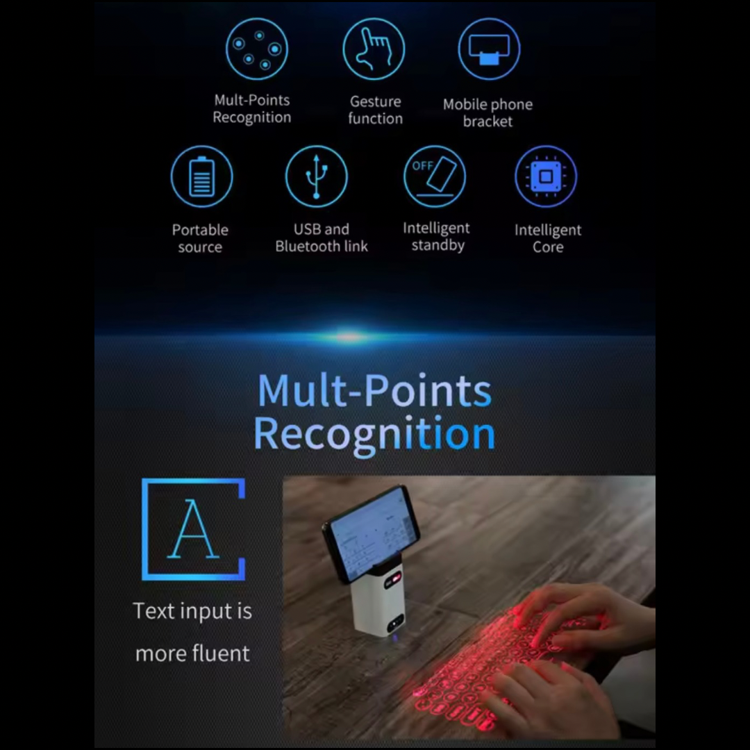 WIRELESS VIRTUAL LASER KEYBOARD,Universal compatible all OS Bluetooth,Two Models: White & Black,White: Phone bracket/power bank/usb/Keyboard/Mouse/6H use,Black: Keyboard/Mouse/2H use,Projection size:10cm*25cm