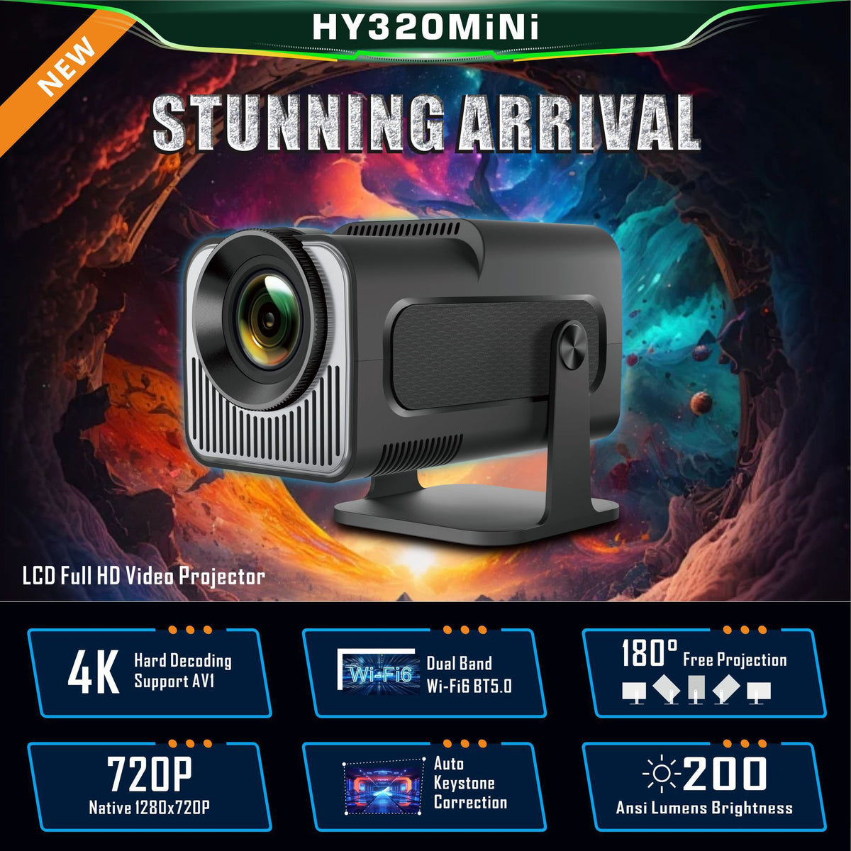 Portable Projector 1080P Native 4K Supported Android WiFi Bluetooth Short Throw Home Cinema, ideal for smaller rooms