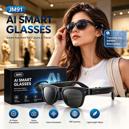 Smart Glasses with AI Translation HD Camera and Compatible with iOS Android. Combines photography, calling, recording, and real-time translation in one device.