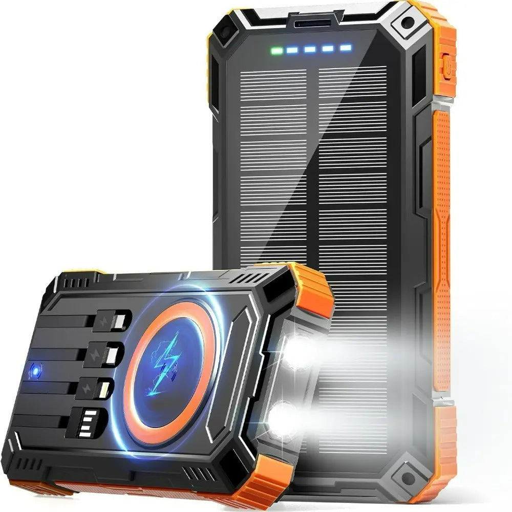 PowerBank with built-in cables and Fast Wireless charging. Equipped with a solar panel to provide emergency power in outdoor environments without access to electricity