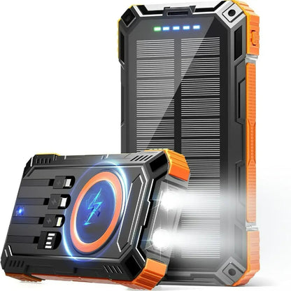 PowerBank with built-in cables and Fast Wireless charging. Equipped with a solar panel to provide emergency power in outdoor environments without access to electricity