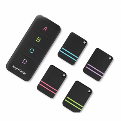 Wireless RF item Finder Tracker,Includes: 1 Remote + 4 Receivers + 1 Base Stand + 4 Double-Sided Adhesive Pads, Quick One-Button Search, Strong Signal & Long Range - Up to 30m, Slim & Portable Receivers