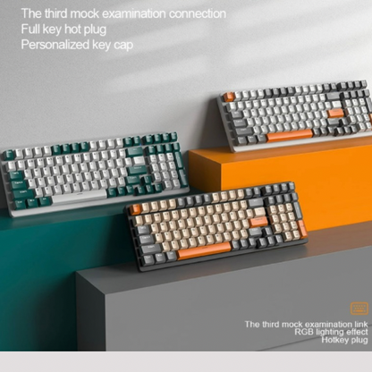 Freewolf K6 mechanical keyboard, Triple mode connectivity, 100 keys layout design, hot-swappable, Multiple lighting effects, Red axis feature and trigger pressure,