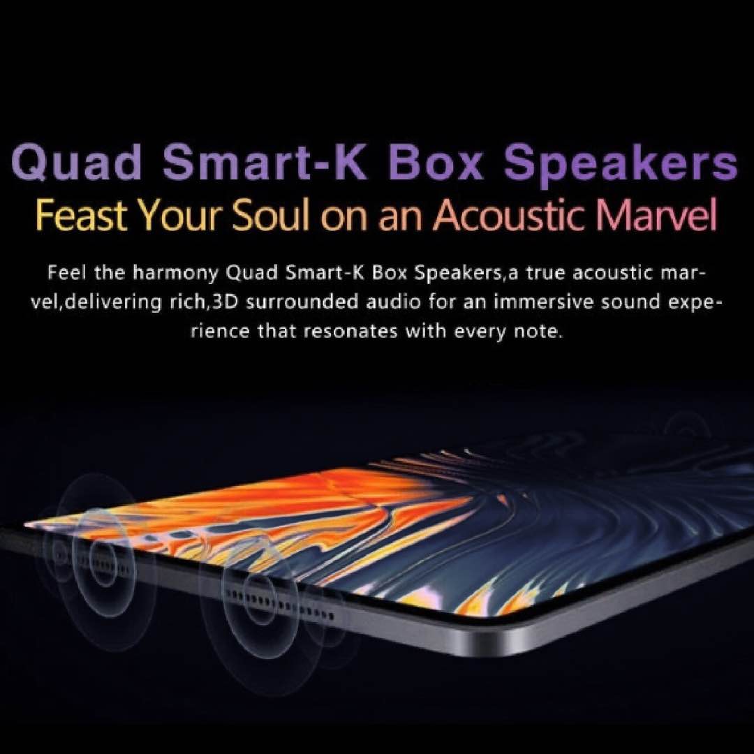 Advertisement for Quad Smart-K Box Speakers with text and abstract design.
