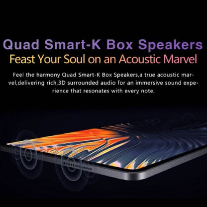 Advertisement for Quad Smart-K Box Speakers with text and abstract design.
