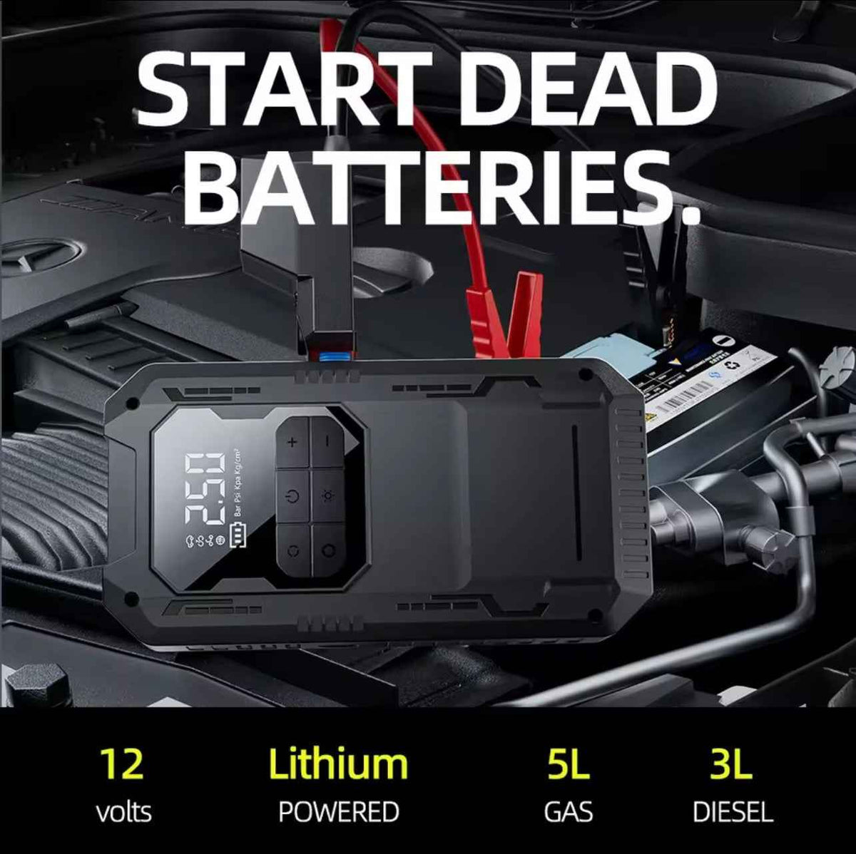 Portable Car Jump Starter Battery, Tire Air Pump, Emergency Light and Power Bank