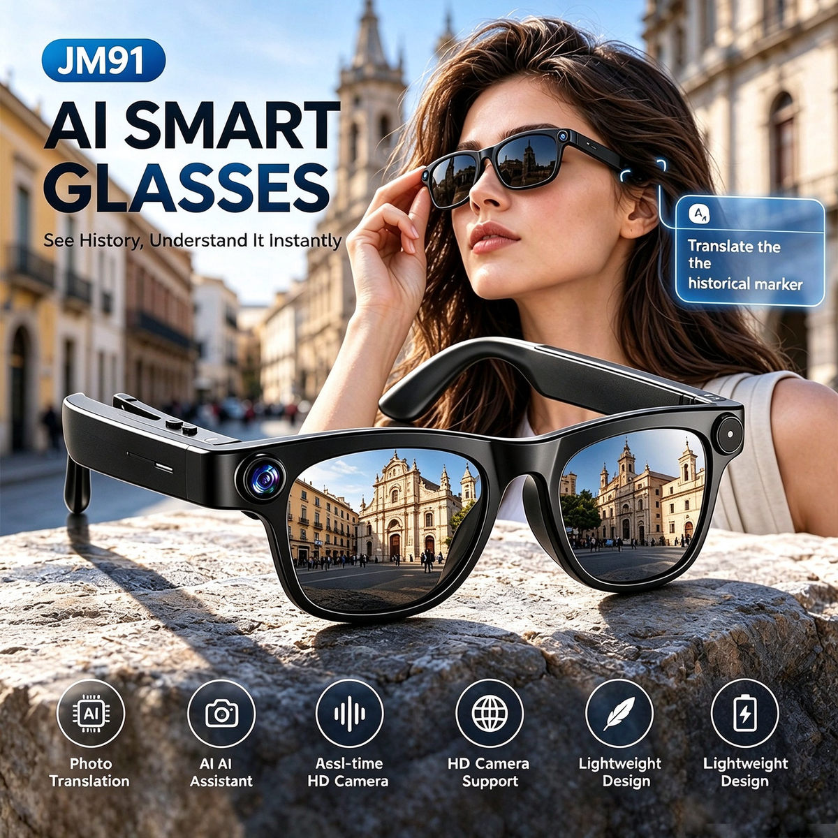 Smart Glasses with AI Translation HD Camera and Compatible with iOS Android. Combines photography, calling, recording, and real-time translation in one device.