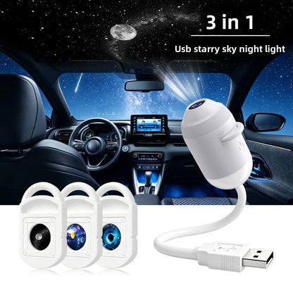 USB Starry Sky Projection soothing night light lamp. Creates a romantic galaxy atmosphere with multiple replaceable star charts. Perfect for relaxation and creating a calming environment.