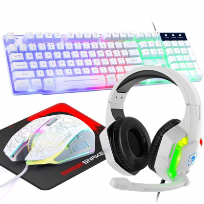 4-in-1 Gaming Combo Bundle Wired Keyboard Mouse Headset & Pad, Wired Keyboard 104 keys and 19 anti-ghosting keys 12 multimedia keys, Wired Gaming Mouse 3 adjustable DPI Ergonomic non-slip design cool backlit, Wired Gaming Headset Stereo sound universal