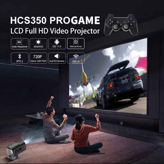 HCS350 ProGame LCD Full HD Video Projector with gaming setup on screen
