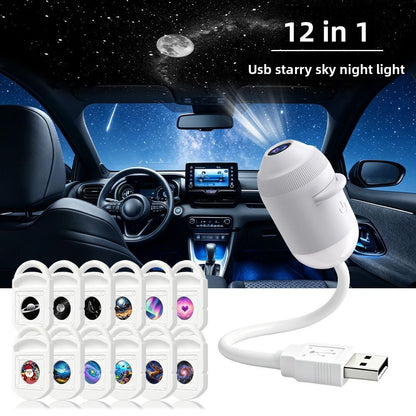 USB Starry Sky Projection soothing night light lamp. Creates a romantic galaxy atmosphere with multiple replaceable star charts. Perfect for relaxation and creating a calming environment.