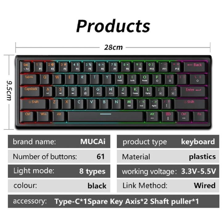 MK61 Wired Gaming Mechanical Keyboard, Compact 61 Keys: 60% layout, Hot-Swappable Switches, RGB Backlit: Fully customizable RGB lighting, FPS Gamer Friendly,
