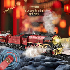 Retro Steam Train Electric Track Toy Features 3 steam spray outlets, Combines lights, forward/backward movement, and simulated steam whistle sounds.