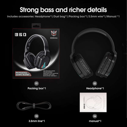 Bluetooth headphones - over-ear noise-cancelling, Comfort Design: Memory foam ear cushions and adjustable headband, Multi-Platform Compatibility, Built-in Microphone, RGB Lighting: Stylish luminous design, 500mAh rechargeable battery