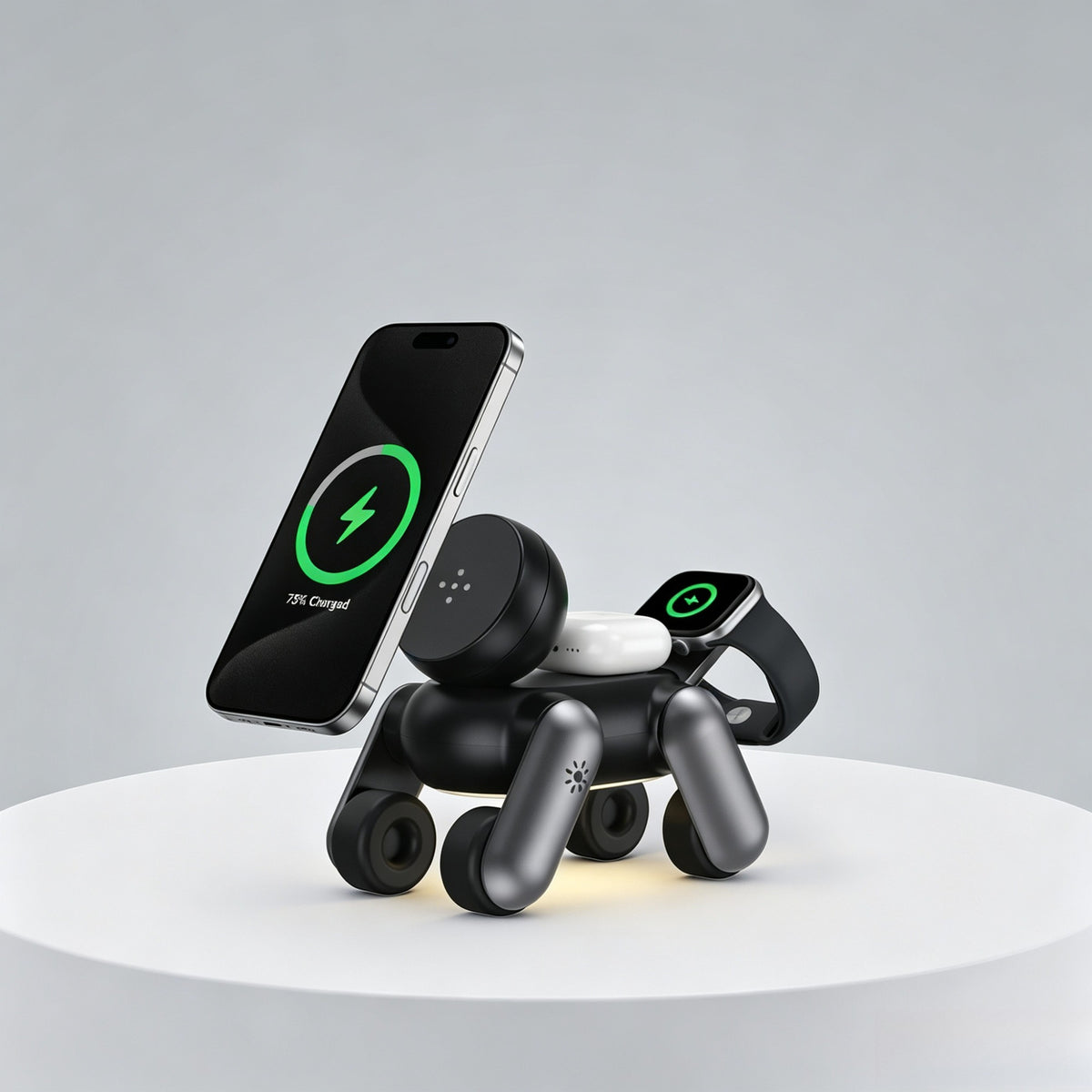 Robot Dog Design 3-in-1 Design Combines a wireless charger, night light, and desk decoration.