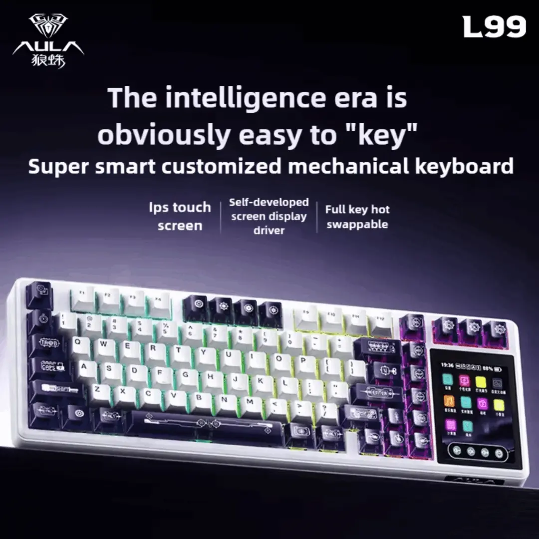 Aula L99 Mechanical Gaming Keyboard, 3.98-inch IPS Touch Screen, RGB LIGHTING: 16 million colour Backlight, SOUND OPTIMIZATION, 8000mAh Battery, Triple Connection Mode