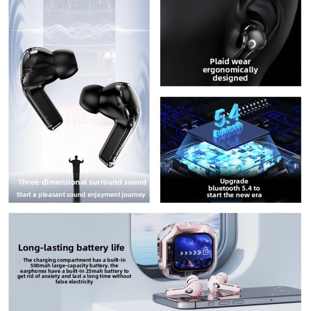 Transparent LCD Bluetooth Headset with Noise Cancellation, Voice Control, Bilateral Stereo Sound, Color Screen, Long Battery Life