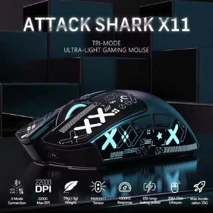 Gaming mouse with 'Attack Shark X11' branding on a dark background