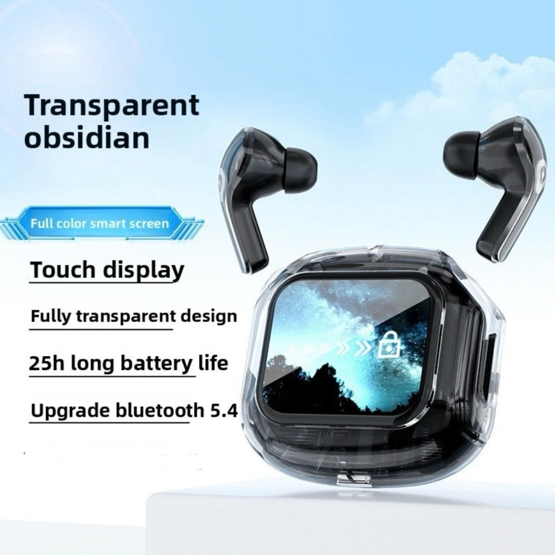 Transparent LCD Bluetooth Headset with Noise Cancellation, Voice Control, Bilateral Stereo Sound, Color Screen, Long Battery Life
