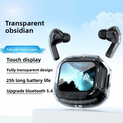 Transparent LCD Bluetooth Headset with Noise Cancellation, Voice Control, Bilateral Stereo Sound, Color Screen, Long Battery Life