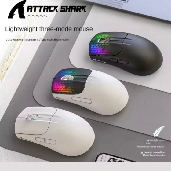 Attack Shark X5 Gaming Mouse, Tri-Mode Connection, High-Precision PAW3212 Sensor, Dynamic RGB Lighting Effects, Ergonomic & Comfortable Design, Mute Buttons & LED Display, Fast & Reliable Wireless – 30 IPS speed