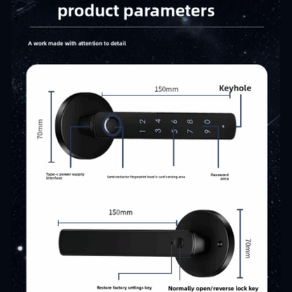 Smart Fingerprint Handle Lock, Two units per door (Smart handle outside and normal lock handle inside), Advanced fingerprint technology, Easily control and monitor, High Security, Durable Build, Versatile Unlocking: fingerprint password and key entry