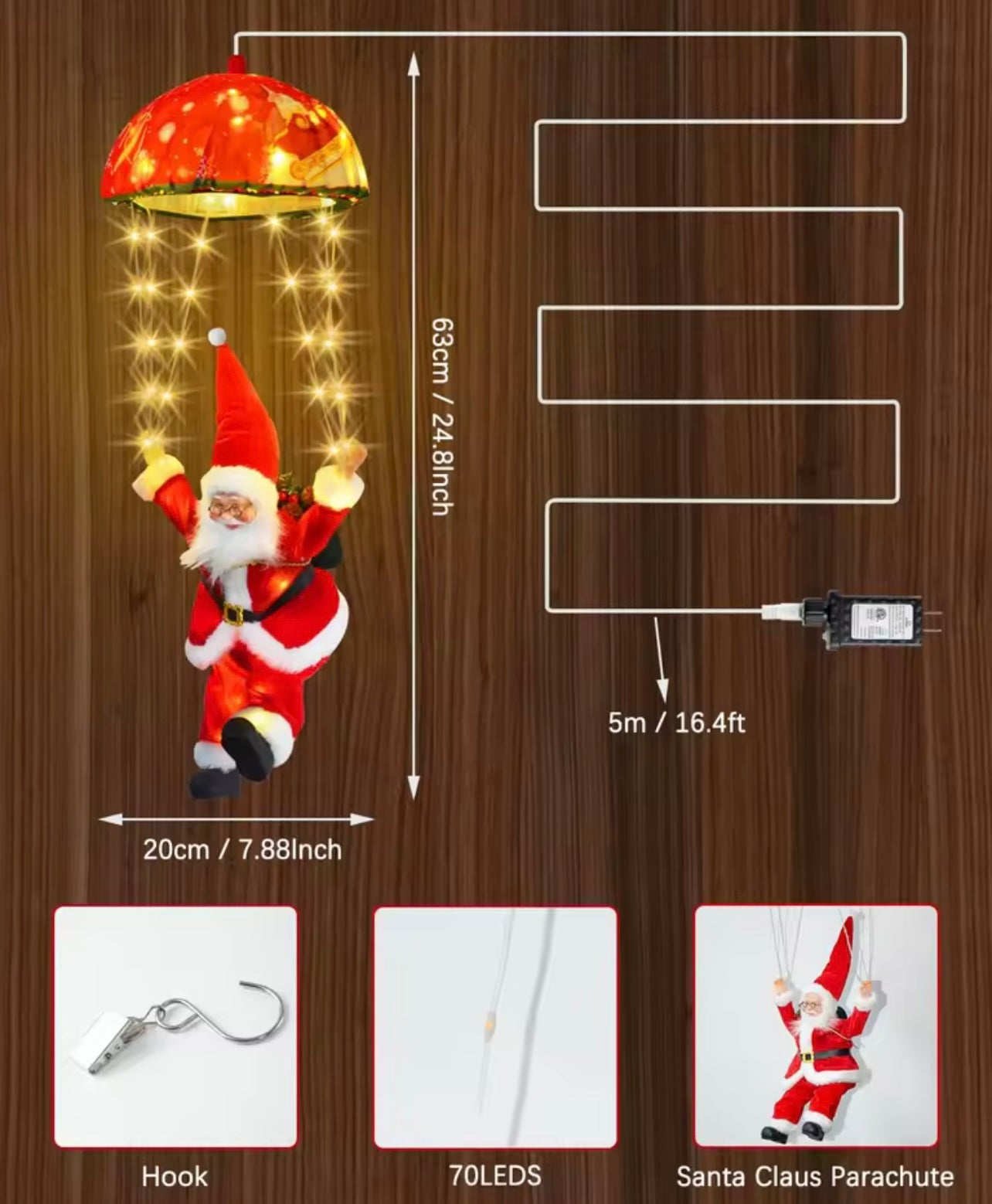 Santa Claus Parachute Christmas, Indoor christmas lights with 8 different light patterns, Memory and Timer Function